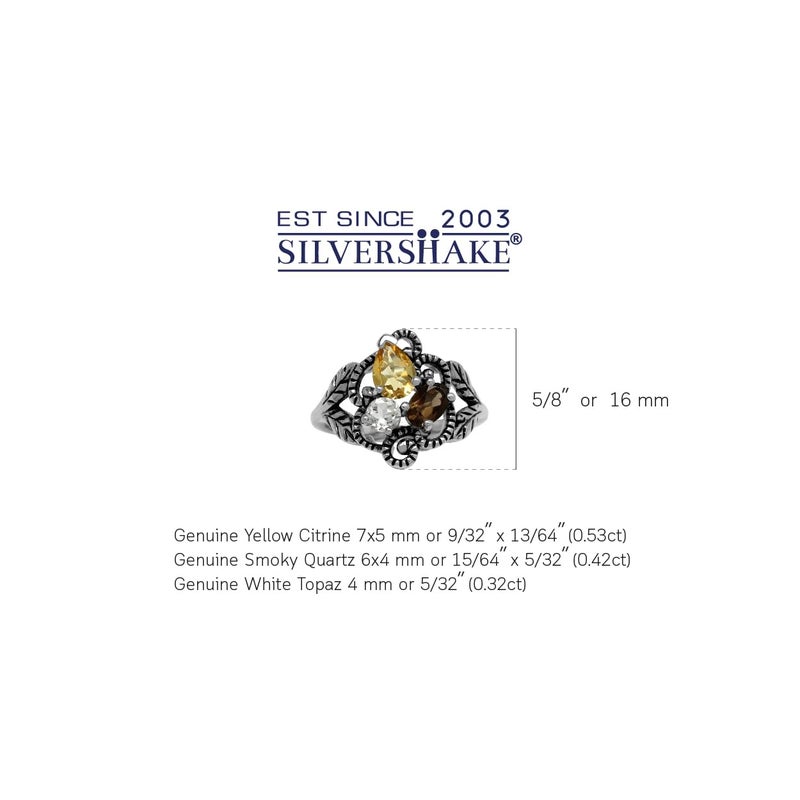 Silvershake Citrine Smoky Quartz and White Topaz 925 Sterling Silver Vintage Style Leaf Ring Size 6 - Image 2